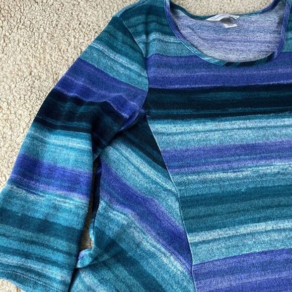 Christopher & Banks Women's Sz L Greens Blues Stripe Hi Lo Hem Long Sleeve Top - Picture 2 of 11